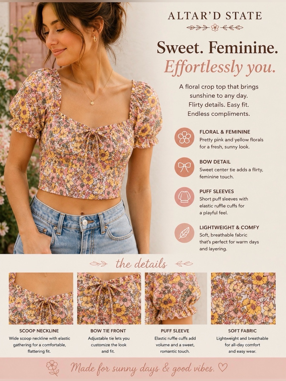 Altar'd State Floral Crop Top - Pink and Yellow